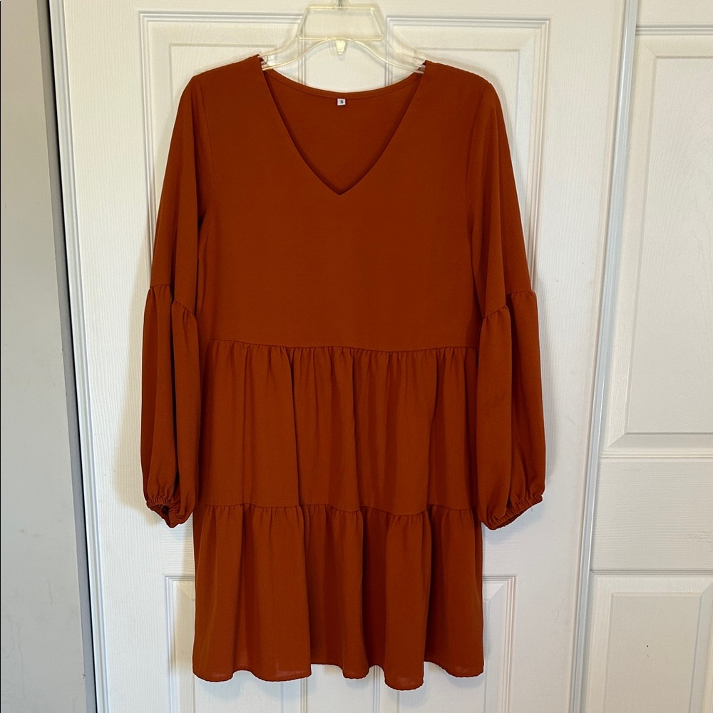 Rust Orange Long Sleeve V-Neck Tiered Dress Size Small